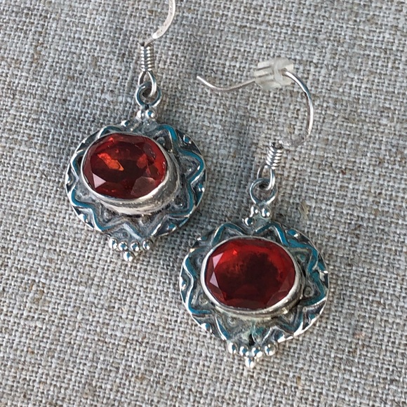 Silver with Orange Stone Earrings - 925 Silver - Picture 6 of 10